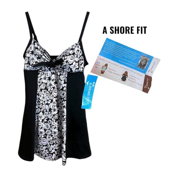 NWT A Shore Fit Thigh Solutions Swimsuit Dress Size 10 Black White 1 Piece - Picture 1 of 9